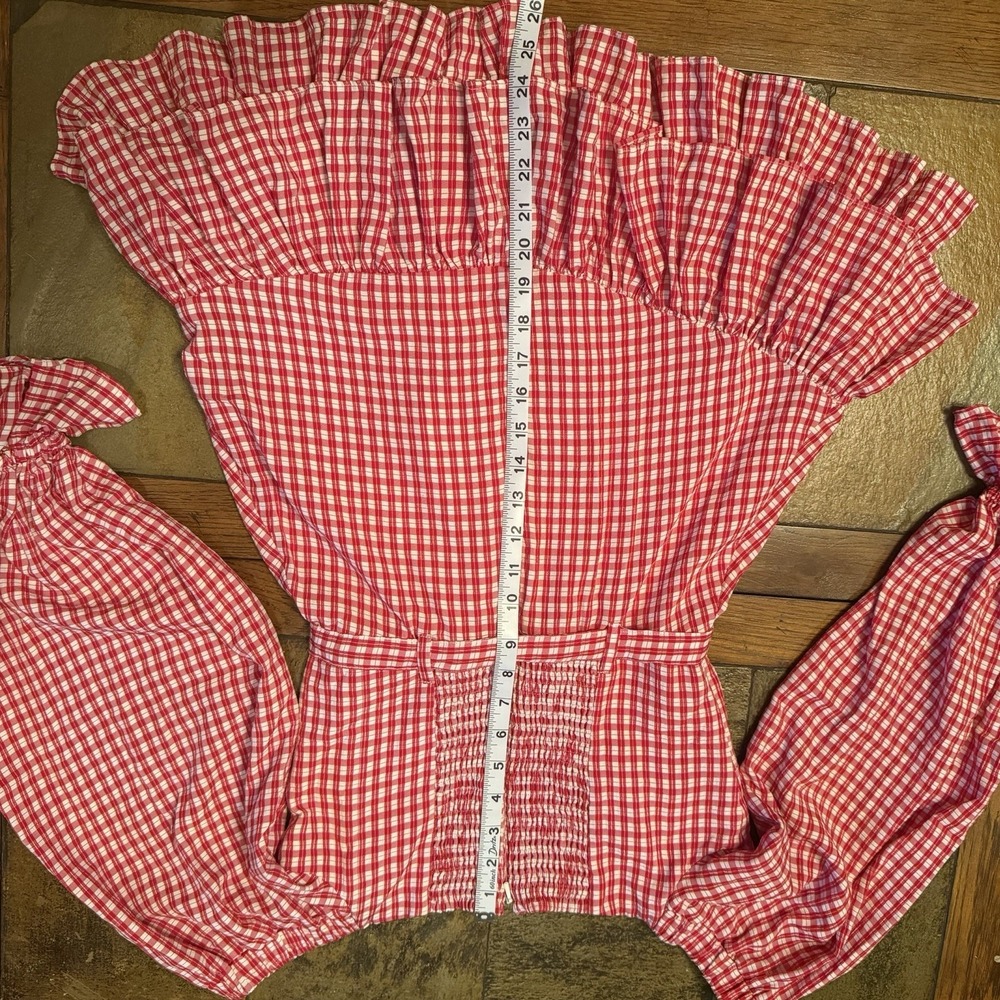 Anthropologie Maeve Bare Red Gingham Off Shoulder Frill Ruffled Mini Dress US 8 - Picture 10 of 11